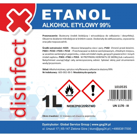 ETANOL - Alkohol etylowy skażony DISINFECT 99% 1L ETANOL - Alkohol etylowy skażony DISINFECT 99% 1L