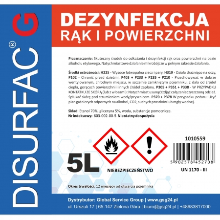DISURFAC G ETANOL 70 Płyn do dezynfekcji rąk i powierzchni z gliceryną 5L
