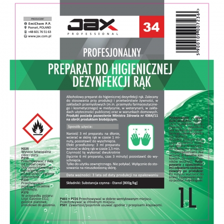 Preparat środek płyn bakteriobójczy do higienicznej dezynfekcji rąk PN-EN 12054 1500 JAX 34 1L